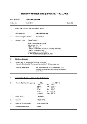 Sicherheitsdatenblatt gemäß EC 1907/2006 - Asikos Strahlmittel ...