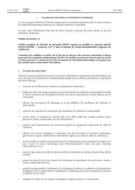 AVIS DE CONCOURS GÉNÉRAL EPSO/AST/70/08 - EUR-Lex ...