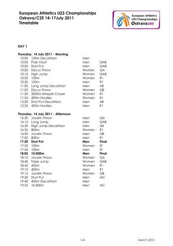 ECHU23 - Ostrava 2011 - Timetable Feb 2011 - European Athletics