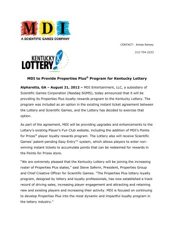 MDI to Provide Properties Plus® Program for Kentucky Lottery