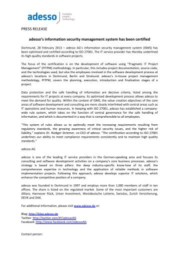 PRESS RELEASE adesso's information security management ...