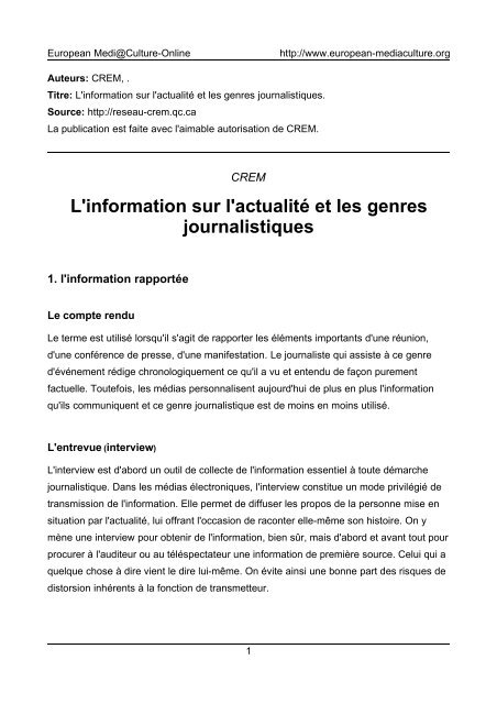 Matériel pédagogique - Lexique des genres et formats médiatique