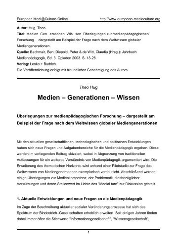 Medien – Generationen – Wissen - European MediaCulture