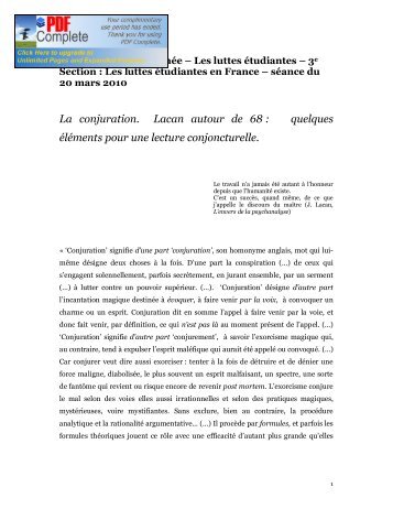 La conjuration. Lacan autour de 68 : quelques éléments pour une ...