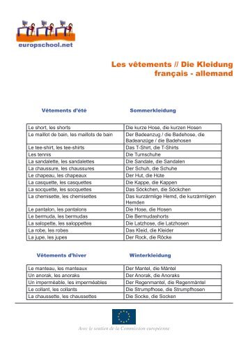 Les vętements // Die Kleidung français - allemand - Europschool
