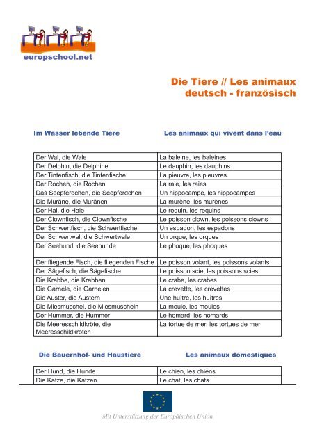 Die Tiere Les Animaux Deutsch Franzosisch Europschool