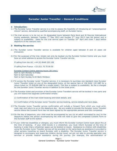 Eurostar Junior Traveller – Conditions Générales