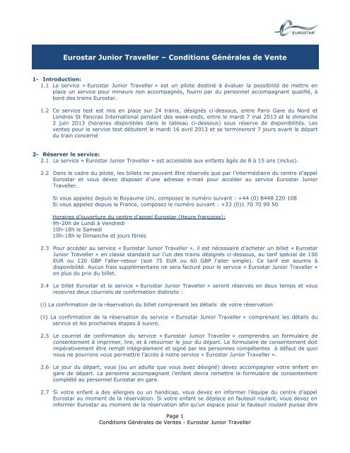 Conditions Générales de Ventes - Eurostar Junior Traveller