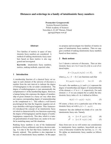 Distances and orderings in a family of intuitionistic fuzzy ... - EUSFLAT