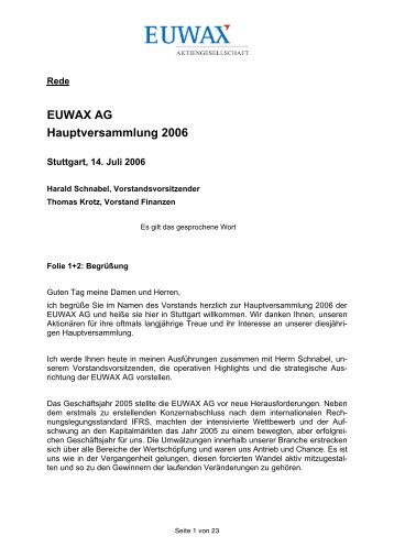 Reden von Harald Schnabel und Thomas Krotz - Euwax AG