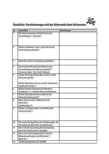 Checkliste: Vereinbarungen mit der Referentin/dem Referenten