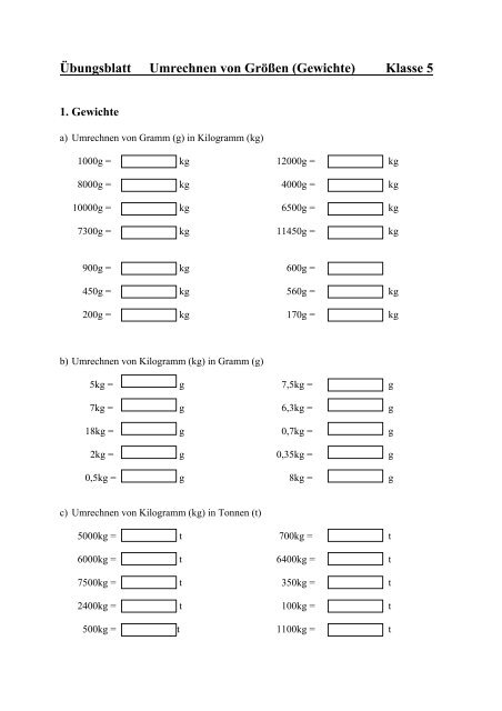 Übungsblatt Umrechnen von Größen (Gewichte) Klasse 5