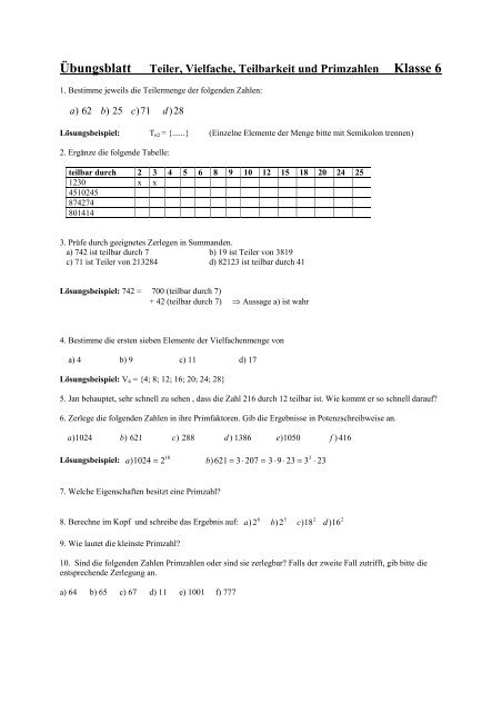 Übungsblatt Teiler, Vielfache, Teilbarkeit und Primzahlen Klasse 6