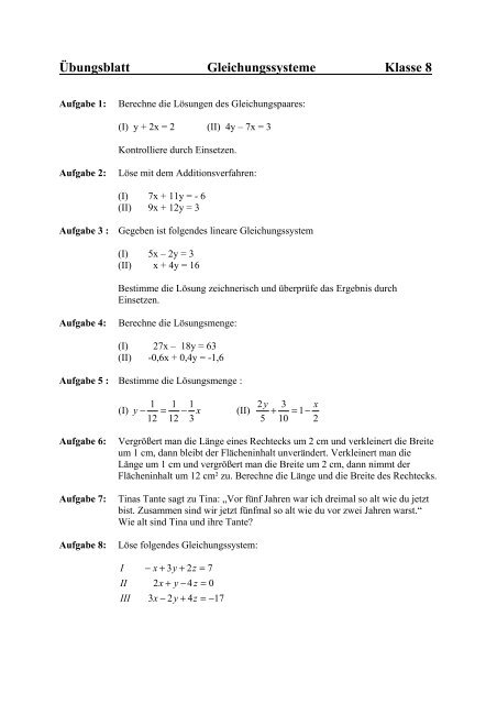 Übungsblatt Gleichungssysteme Klasse 8 - Evangelisches ...