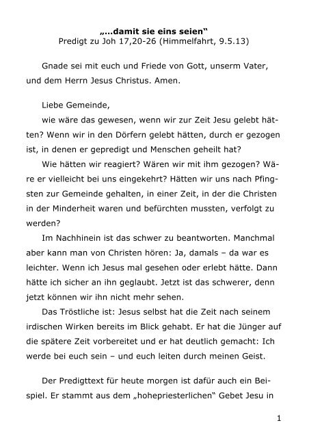 Predigt zu Johannes 17,20-26 (Pfr. I. Stromberger, Himmelfahrt 2013)