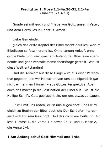 Im Anfang schuf Gott Himmel und Erde... Predigt zu 1. Mose 1,1-2,4