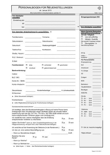 Personalbogen für Neueinstellungen Kopiervorlage (Stand: 01/2013)