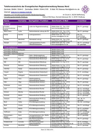 Telefonverzeichnis der Evangelischen Regionalverwaltung Nassau ...