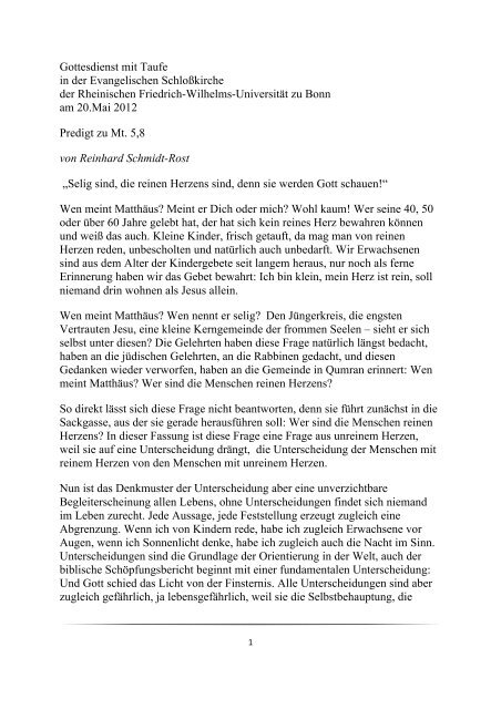 Selig Sind Die Reinen Herzens Sind Denn Sie Werden Gott Schauen