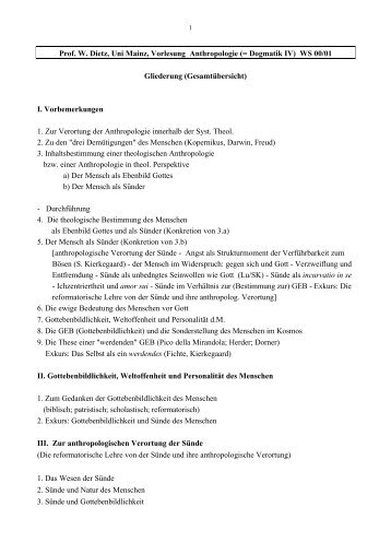 Prof. W. Dietz, Uni Mainz, Vorlesung Anthropologie (= Dogmatik IV ...