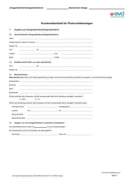 F P 31 Kundendatenblatt Fur Photovoltaikanlagen Evd Dormagen