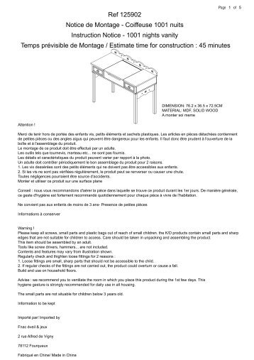 Ref 125902 Notice de Montage - Coiffeuse 1001 nuits ... - Eveil et jeux