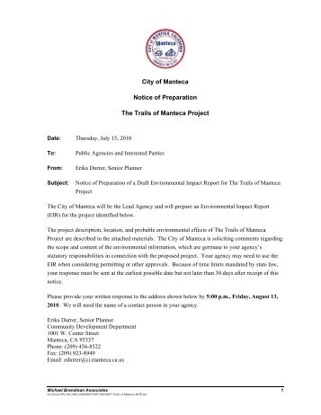 City of Manteca Notice of Preparation The Trails of Manteca Project