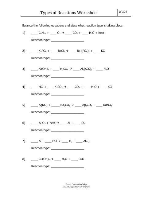 Types of Reactions Worksheet - Everett Community College