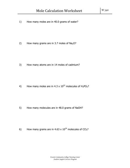 Mole Calculations Worksheet 1 - Everett Community College