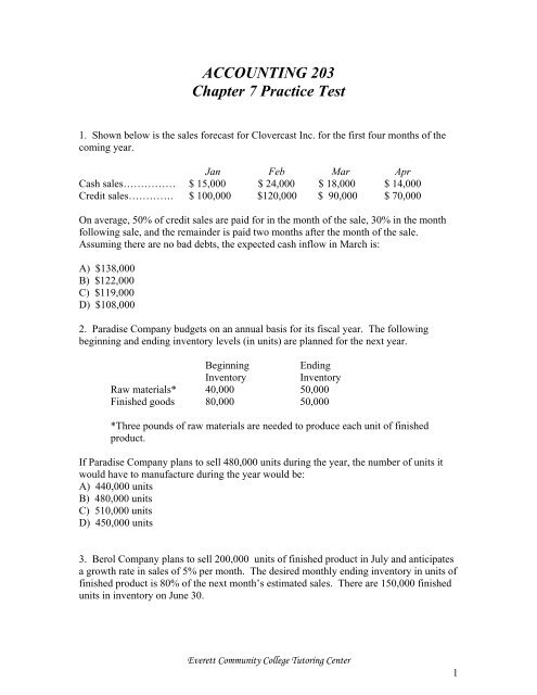 ACCOUNTING 203 Chapter 7 Practice Test - Everett Community ...