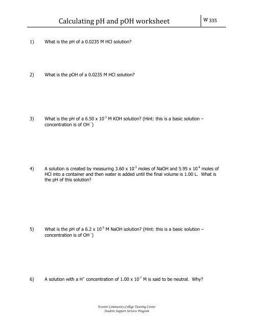 Calculating pH and pOH worksheet - Everett Community College