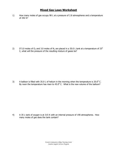 Mixed Gas Laws Worksheet - Everett Community College