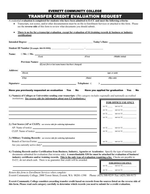 Transfer Credit Evaluation Request form - Everett Community College