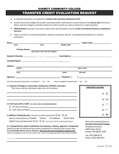 Transfer Credit Evaluation Request Form Everett Community College transfer-credit-evaluation-request-form-everett-community-college