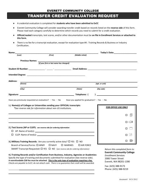 Transfer Credit Evaluation Request Form - Everett Community College