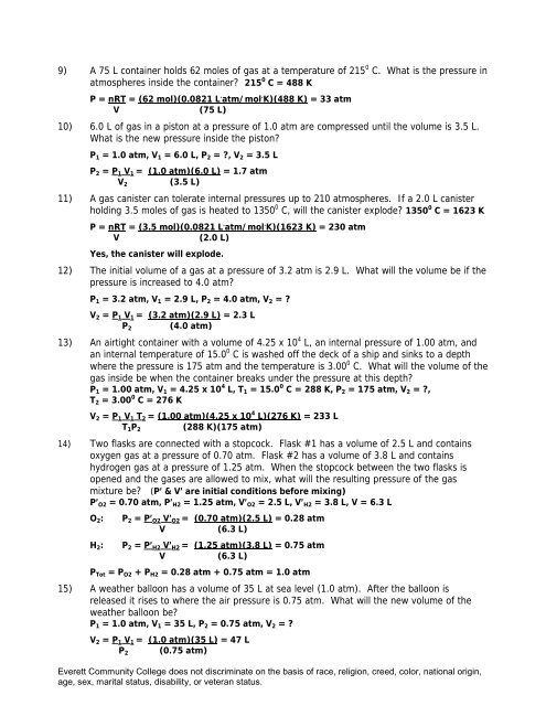 Mixed Gas Laws Worksheet - Everett Community College