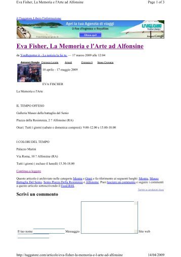 Eva Fisher, La Memoria e l'Arte ad Alfonsine - Eva Fischer