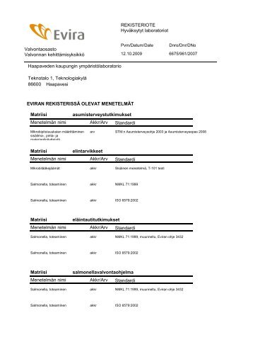 REKISTERIOTE Hyväksytyt laboratoriot Valvontaosasto ... - Evira