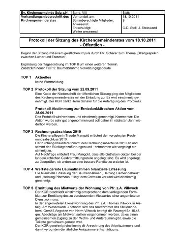 Protokoll der Sitzung des Kirchengemeinderates vom 18.10.2011 ...