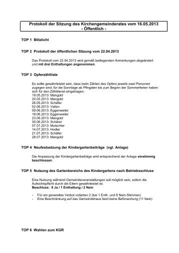 Protokoll der Sitzung des Kirchengemeinderates vom 16.05.2013 ...