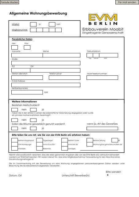 Allgemeine Wohnungsbewerbung - EVM Berlin eG