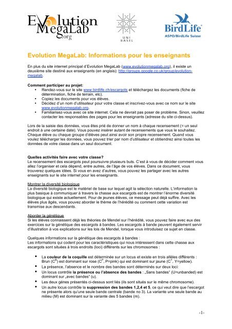 Evolution MegaLab: Informations pour les enseignants