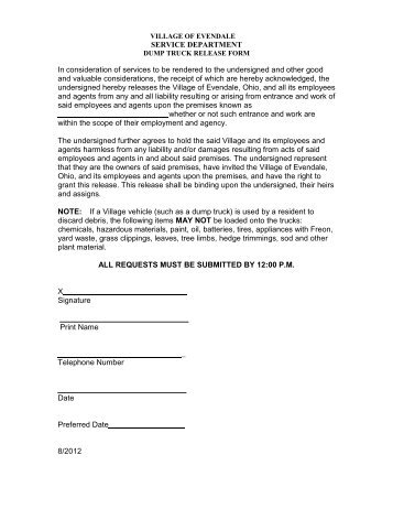 Dump Truck Release Form - Village Of Evendale