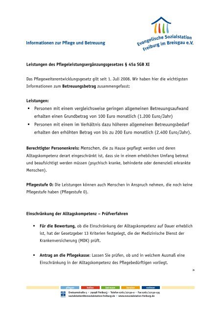 Betreuungsbetrag (PDF, 321kB) - Evangelische Sozialstation Freiburg