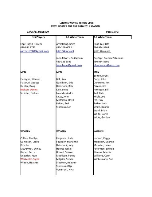 LEISURE WORLD TENNIS CLUB EVSTL ROSTER FOR - evstl.net