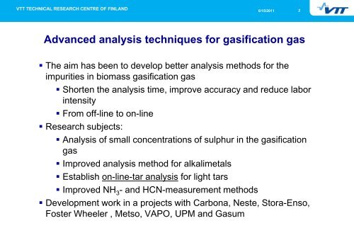 GC based analysis of tar, ammonia and water - EVUR