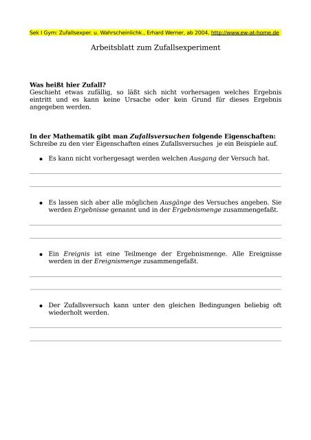 Arbeitsblatt Zufallsexperimente Erhard Werner Zu Hause