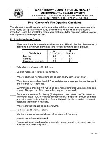 Swimming Pool Pre-Opening Checklist - Washtenaw County