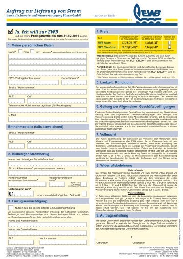 Auftrag zur Lieferung von Strom Ja, ich will zur EWB 01
