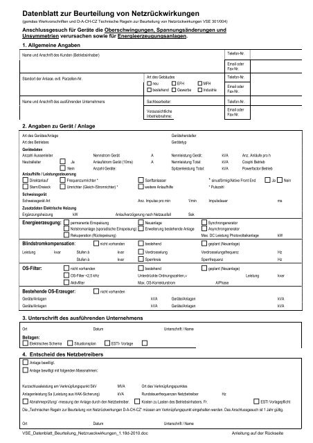 Datenblatt zur Beurteilung von Netzrückwirkungen